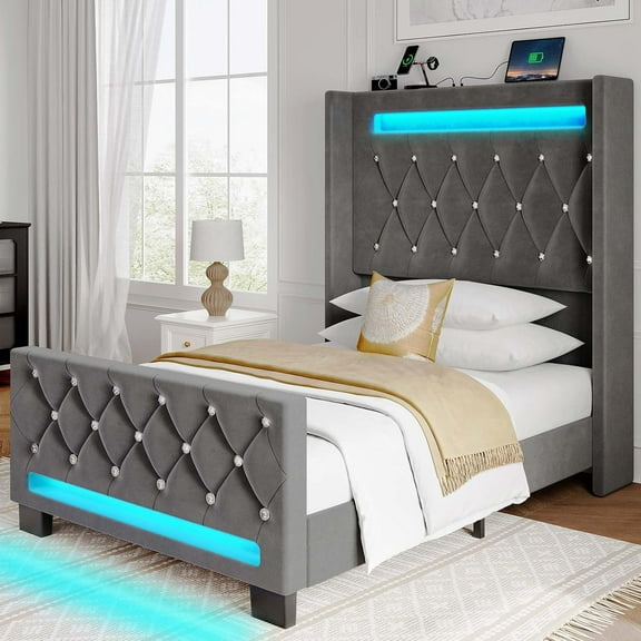 Twin Bed Frame with LED Light and Charging Station, Upholstered High Headboard and Footboard, Wood Slats, Noise Free, Easy Assembly, Grey