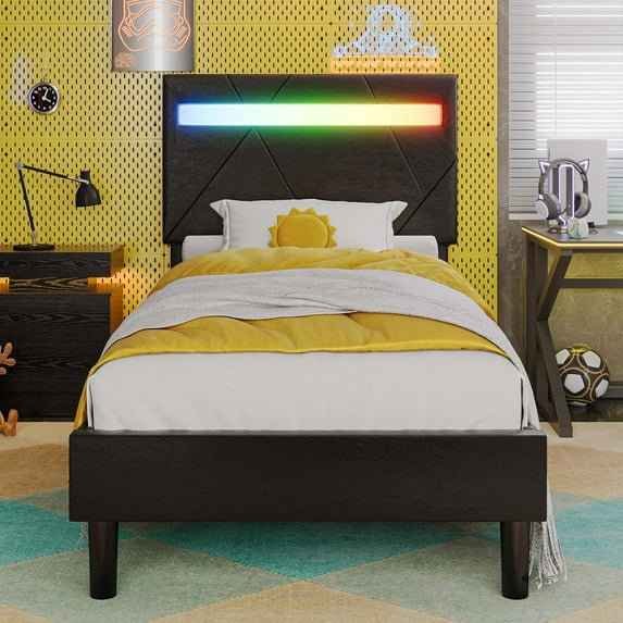 Twin Bed Frame with LED Lights(Smart APP Control), Upholstered Modern Platform Bed Frame, No Box Spring Needed/Noise-Free/Easy Assembly, Black