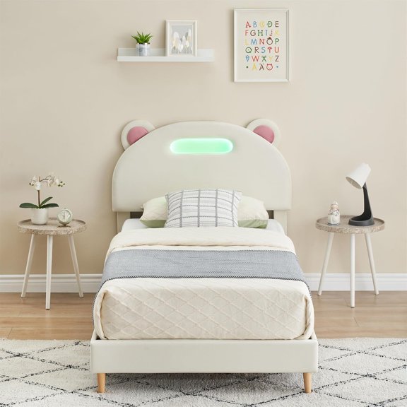 Twin Bed Frame with LED Panda Upholstered Headboard, Platform Bed with Wooden Slats, Adjustable Lighting, Noise Free, No Box Spring Needed, Beige