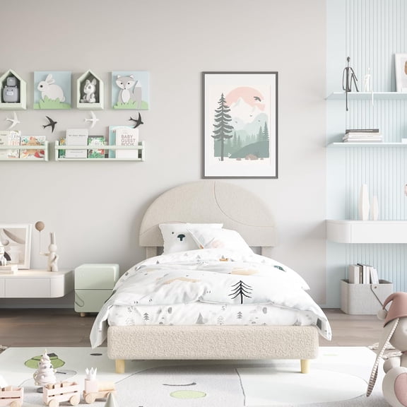 Twin Bed Frame with Round White Boucle Headboard - Upholstered Arch Design, Wood Slat Support, No Box Spring Needed, Easy Setup