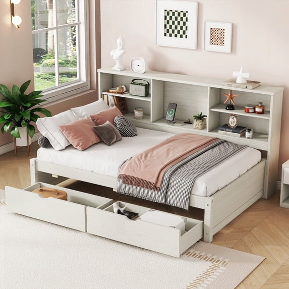 Twin Size Wooden Platform Bed Frame with Side Shelves, 2 Drawers & Built-in USB Port in Creamy White for Bedroom