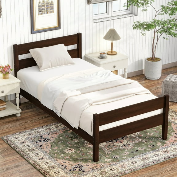 Twin Bed Frame with Single Panel Headboard and Footboard,Wooden Platform Bed Frame,Wood Slat Support Mattress Foundation,78.3"x41.5"x35.4",Brown