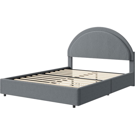 Twin Bed Frame with Storage Drawers, Grey Boucle Upholstered Platform Bed, Round Headboard, Heavy-Duty, Noise-Free, No Box Spring Needed