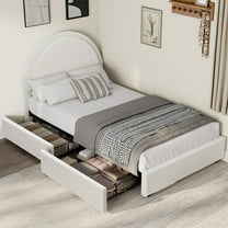 Twin Bed Frame with Storage Drawers, White Boucle Upholstered Platform Bed, Round Headboard, Heavy-Duty, Noise-Free, No Box Spring Needed