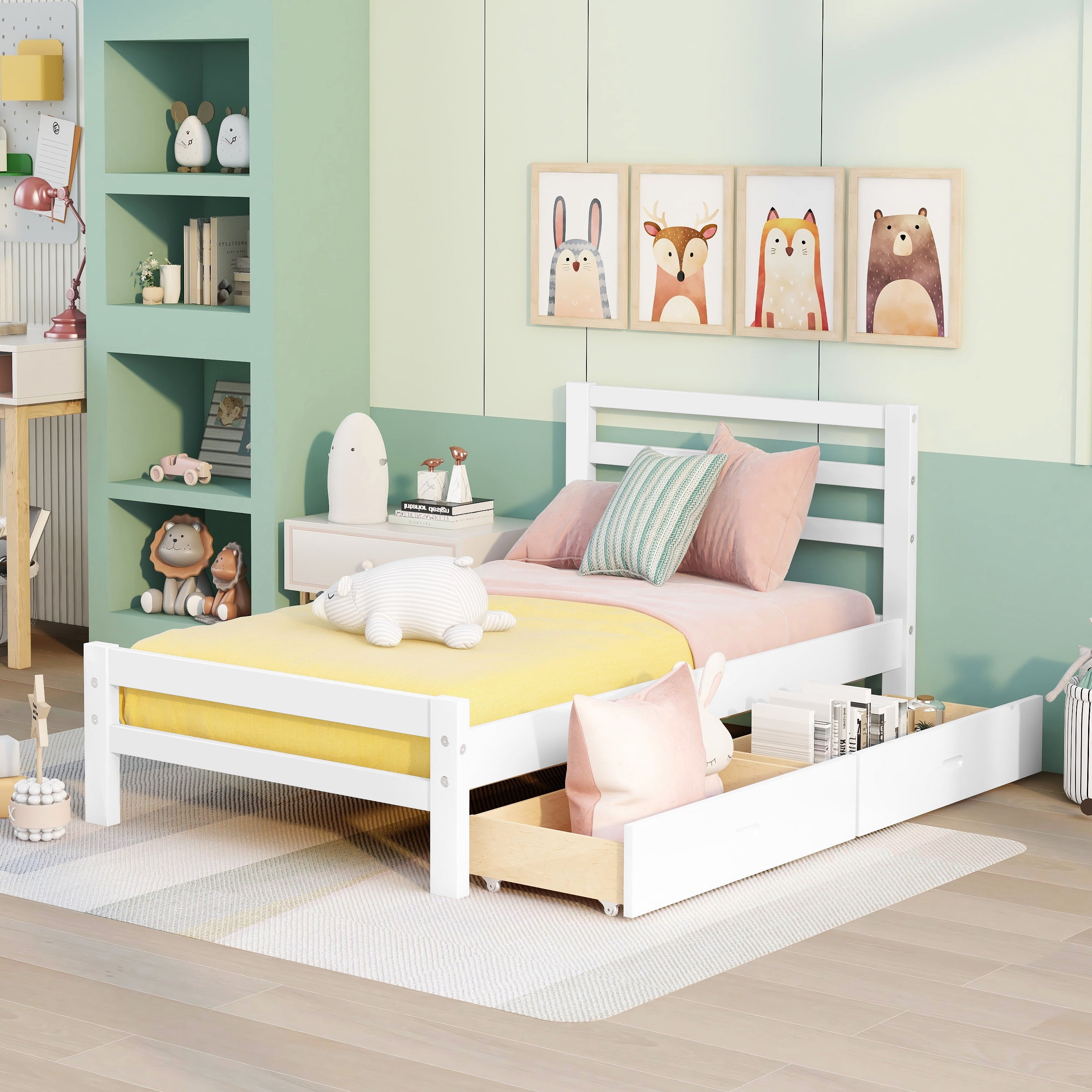 Twin Bed Frame with Storage Drawers, Wood Platform Bed Frames with