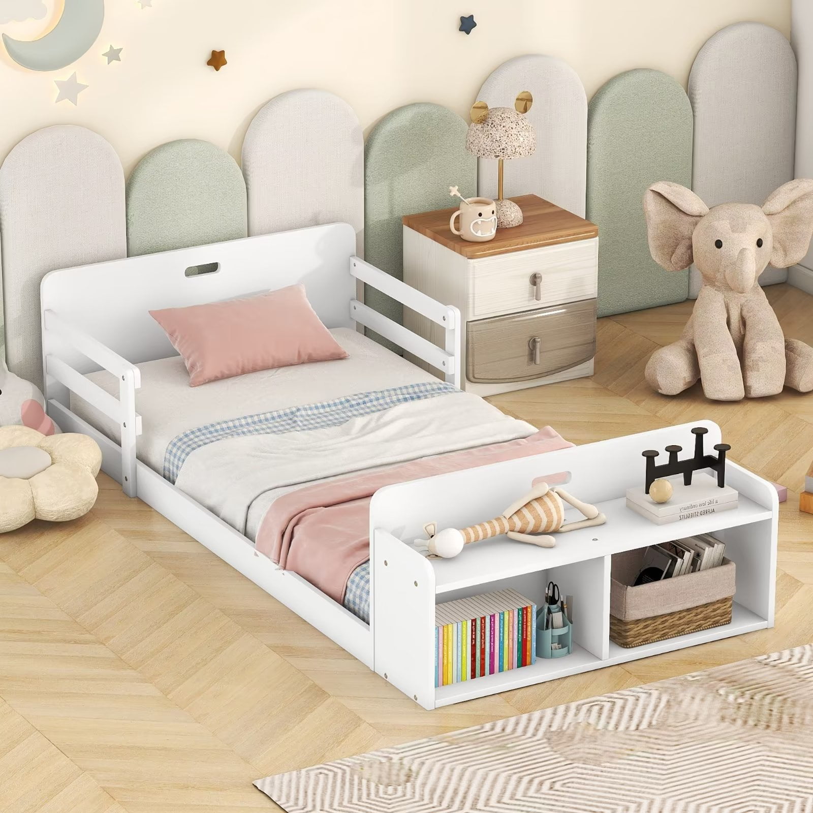 Twin Bed Frame with Storage Headboard, Solid Pinewood Montessori Floor