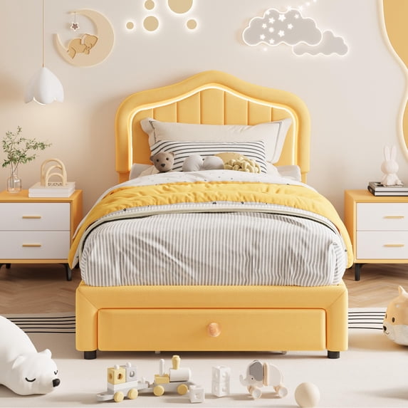 Twin Bed Frame with Storage & LED Light, Velvet Led Bed Frame with Headboard, No Box Spring Needed, Wooden Slats, Noise Free, Orange