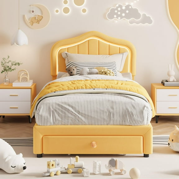 Twin Bed Frame with Storage & LED Light, Velvet Led Bed Frame with Headboard, No Box Spring Needed, Wooden Slats, Noise Free, Orange