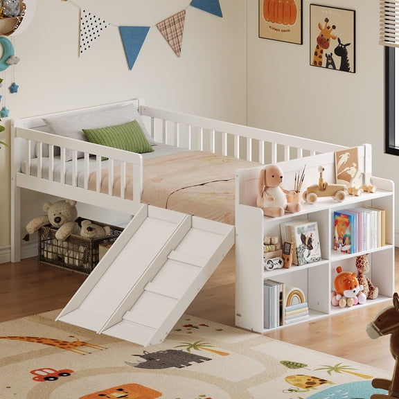 Twin Bed Frame with Storage Shelf - White Platform Bed with Slide & Ladder