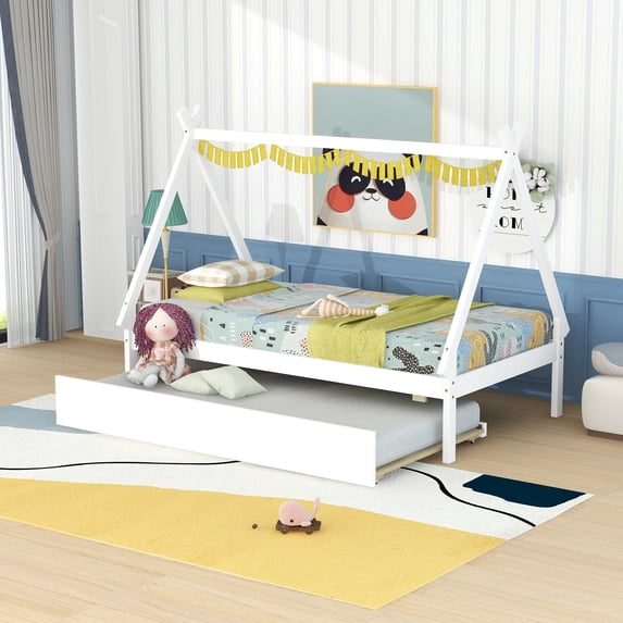 Twin Bed Frame with Trundle, UHOMEPRO Solid Wood Tent Floor Teepee Bed with Wooden Slats, Twin Size Platform Bed Frame, No Box Spring Needed, White