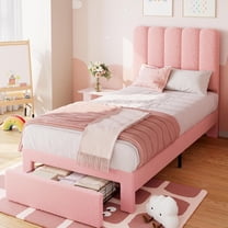 Twin Bed Frame with Under-Bed Drawer, Plush Upholstered Platform Bed with Wave Headboard for Boys/Girls, Wooden Slats Support, No Box Spring Needed