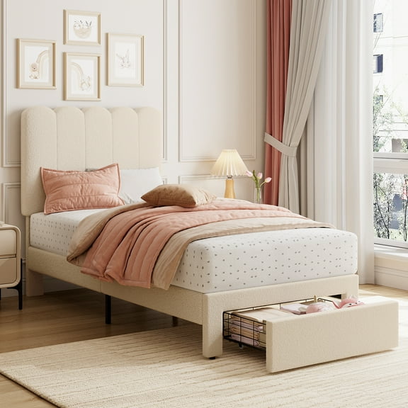 Twin Bed Frame with Under-Bed Drawer, Upholstered Platform Bed with Wave Headboard, Wooden Slats Support, No Box Spring Needed