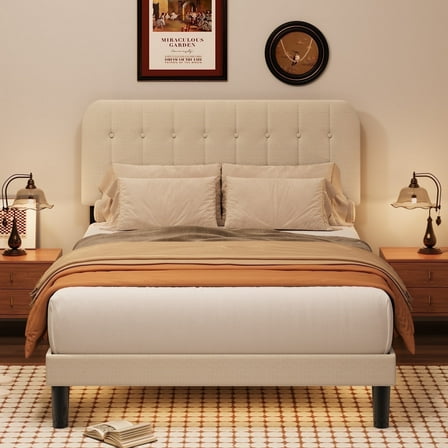 Asofer Queen Bed Frame with Headboard, Noise-Free, No Box Spring Needed, Beige