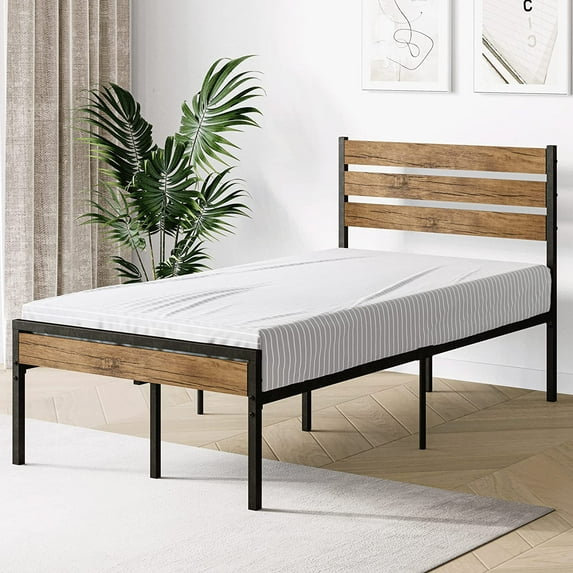 Twin Bed Frame with Wood Headboard and Metal Slats Support Platform Bed Frame with Storage No Box Spring Needed