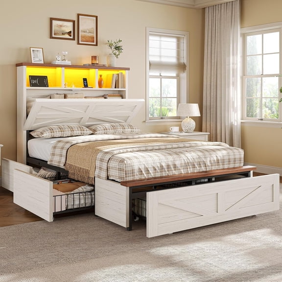 Twin Bed Frames with 5 Drawers, Farmhouse Bed Frame with Barn Door Headboard and Storage, Wood Platform Bed Frame Twin Size with Charging Station and LED Lights, No Box Spring Needed, White