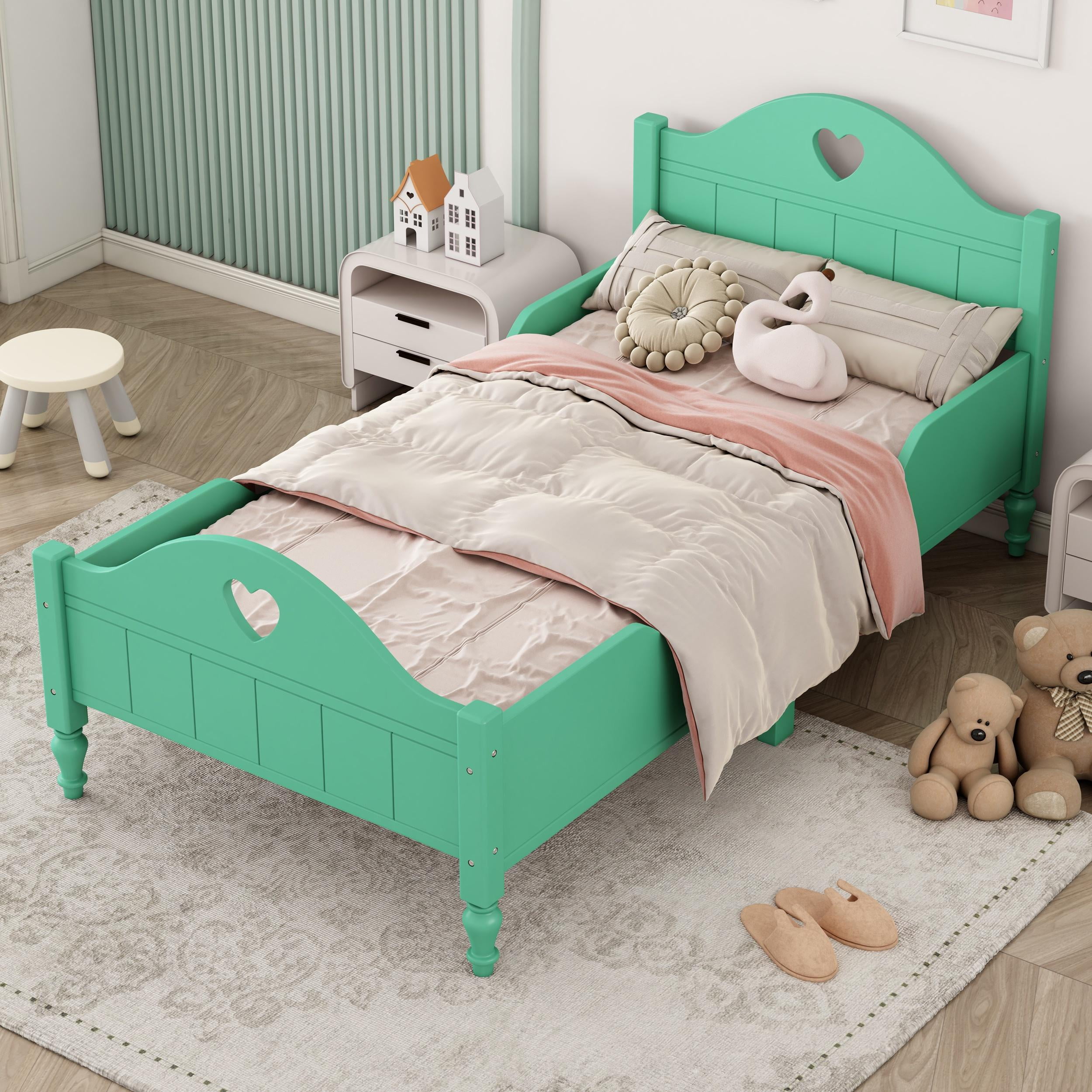 Twin Bed Frames for Girls, Princess Bed Platform No Box Spring Needed, Wood Twin Size Bed Frame with Headboard and Footboard, Side Safety Rails, Macaron Blue