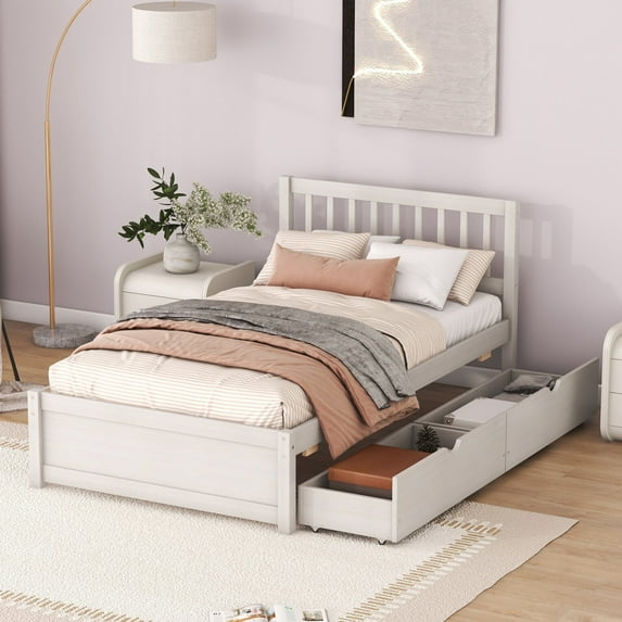 Twin Bed Frames with Headboard, Twin Platform Bed Frame with 2 Drawers and 10 Strong Wooden Slats, Wooden Twin Bed Frame with Storage, Twin Size Platform Bed for Girls, Boys and Teens, White-Drawer