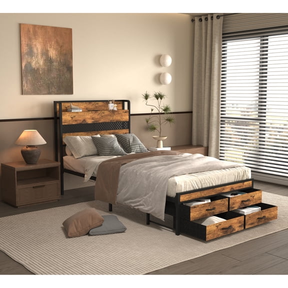 Twin Bed Frames with Headboard, Twin Size Bed Frames with Storage Drawers, Twin Bed, Black Metal Platform Bed Frame, Single Bed Frame, No Box Spring Needed