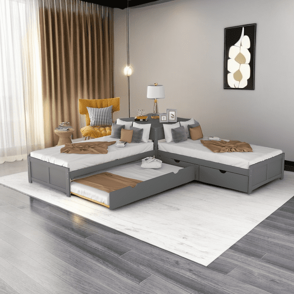 Twin Bed Frames, L-Shaped Platform Bed with Trundle and Drawers Linked with Built-in Desk, Twin