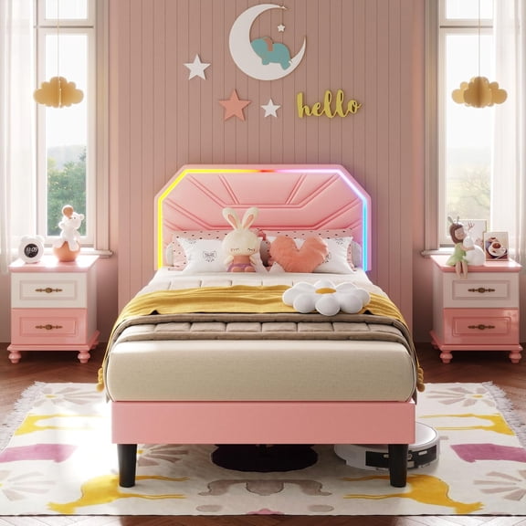 Twin Bed Frames with LED Light Headboard, Upholstered Modern Cama Twin Platform Bed Frame with Heavy Duty Supports, No Box Spring Need, Noise Free, Easy Assembly, Pink