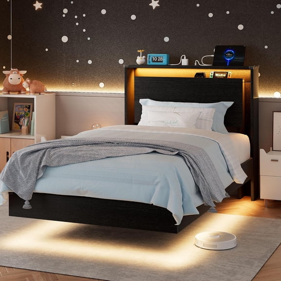 Twin Bed Frames with LED Lights and Charging Station - Wood Floating Bed Frame with Storage Headboard, Adhesive Slats, Kick-Free & Noise-Free Design, Easy Assembly, Black