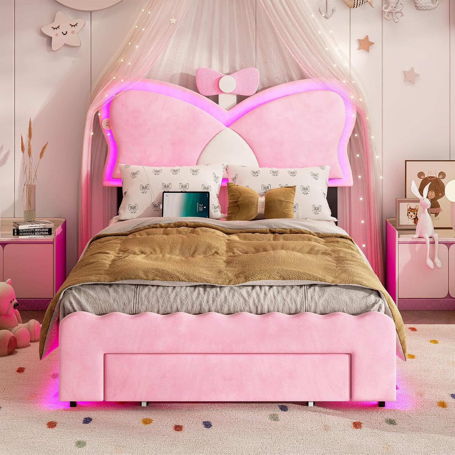 Pink Bed Frame Twin Size with Storage Drawer, Upholstered LED Bed Frame with Height Adjustable Butterfly Headboard and Charging Station, Velvet Platform Bed for toddler Girl's Bedroom