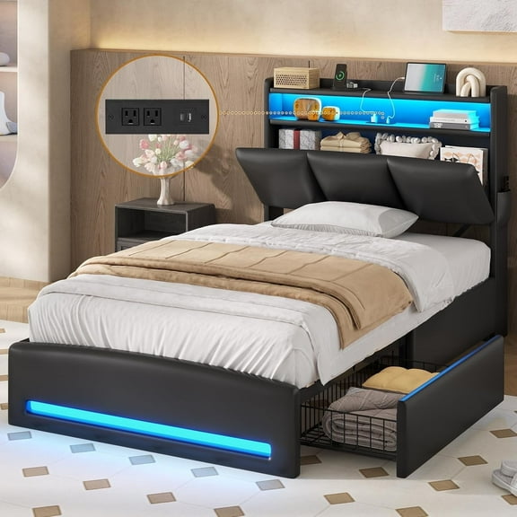 Twin Bed Frames with Storage Headboard & 4 Drawers, LED Twin Bed Frame with Charging Station, Leather Upholstered Platform Bed Frame with Curved Lines, No Box Spring Needed, Black