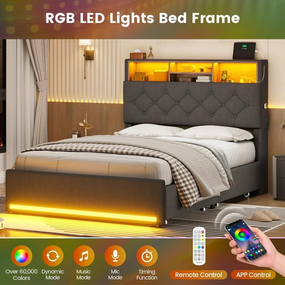 Twin Metal Bed Frames with Storage Headboard & 4 Drawers, Upholstered Platform Bed Frame Twin with LED Light and Charging Station,No Box Spring Needed,