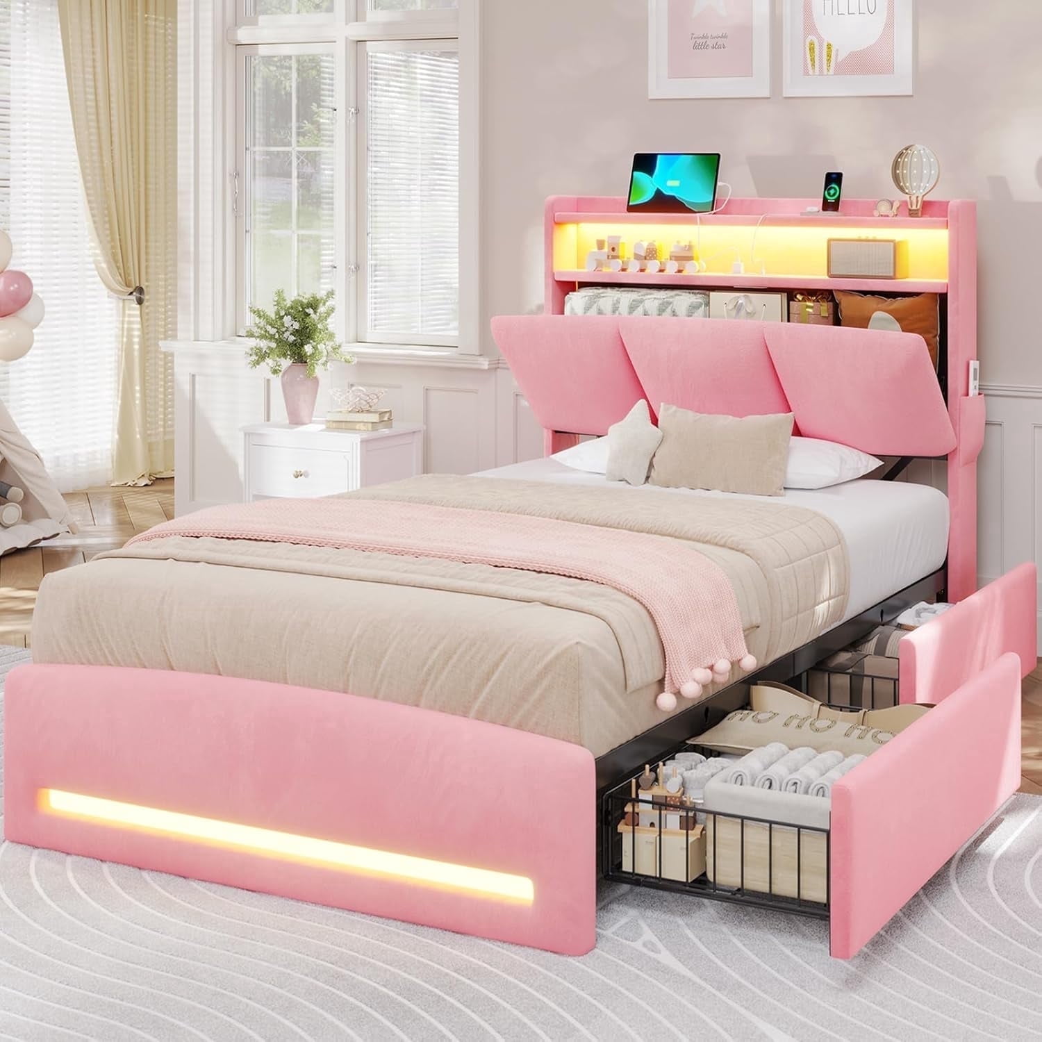 Twin Bed Frames with Storage Headboard and Charging Station, Velvet Upholstered Bed Frame Twin Size with 4 Drawers and LED Lights, Type C and USB, No Box Spring Needed, Pink