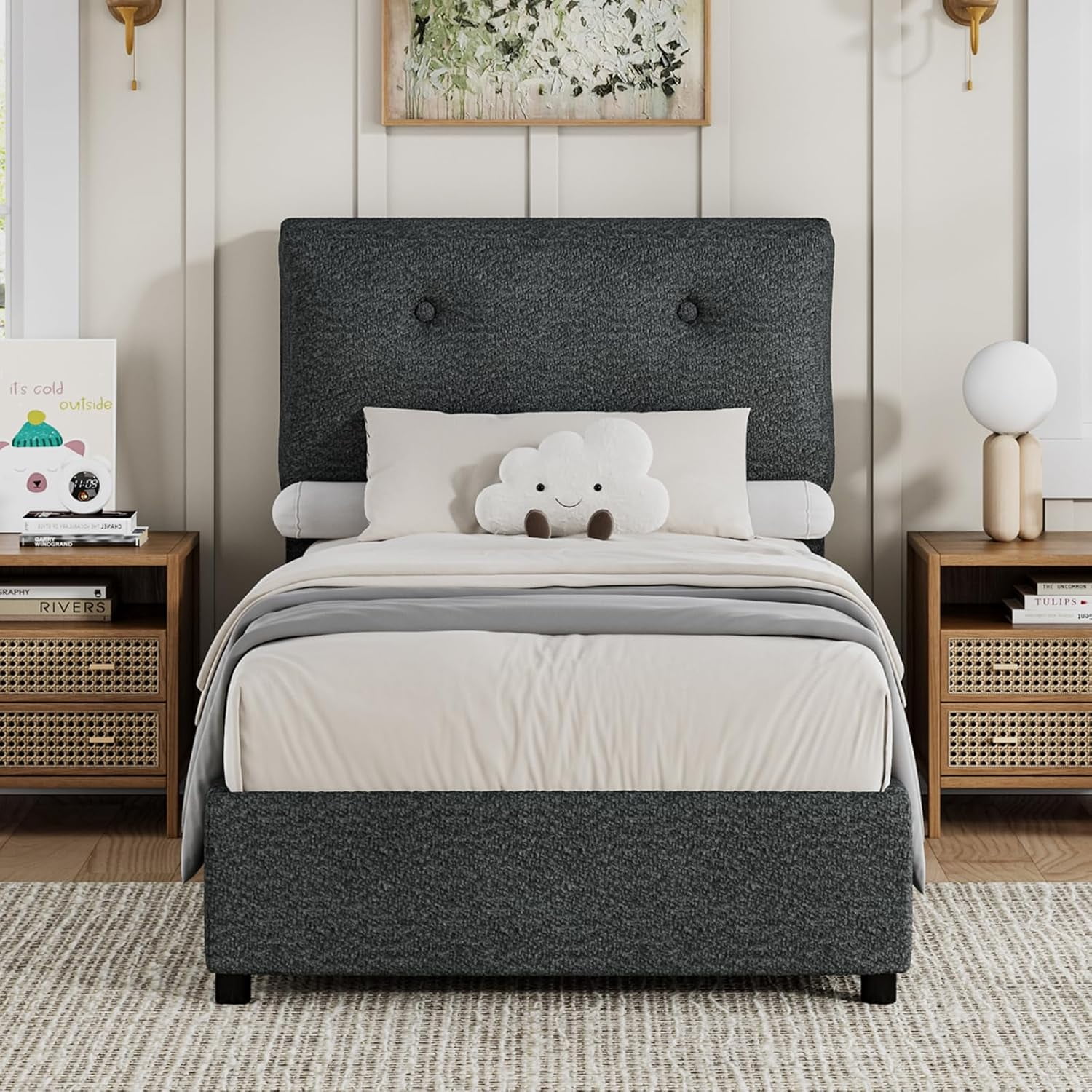 Twin Bed Frames, Upholstered Boucle Platform Bed with Headboard, Cloud ...