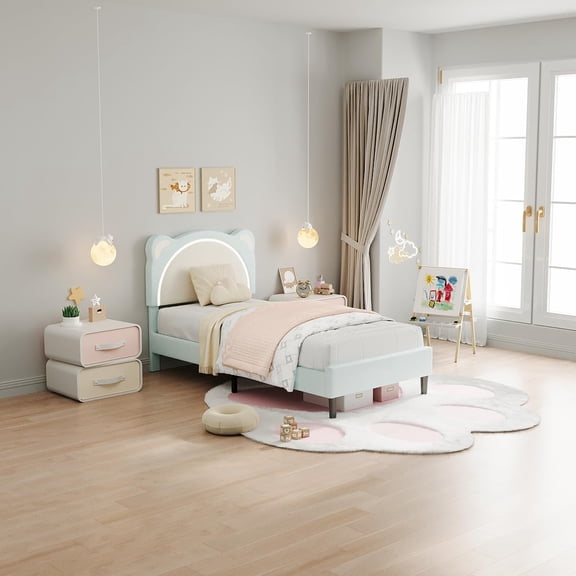 Twin Bed Frames,Upholstered Platform Bed Frame with Adjustable Headboard & LED Light,Twin Size Platform Bed with Wood Slats,No Box Spring Needed