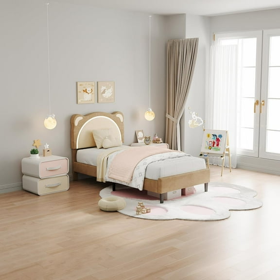 Twin Bed Frames,Upholstered Platform Bed Frame with Adjustable Headboard & LED Light,Twin Size Platform Bed with Wood Slats,No Box Spring Needed