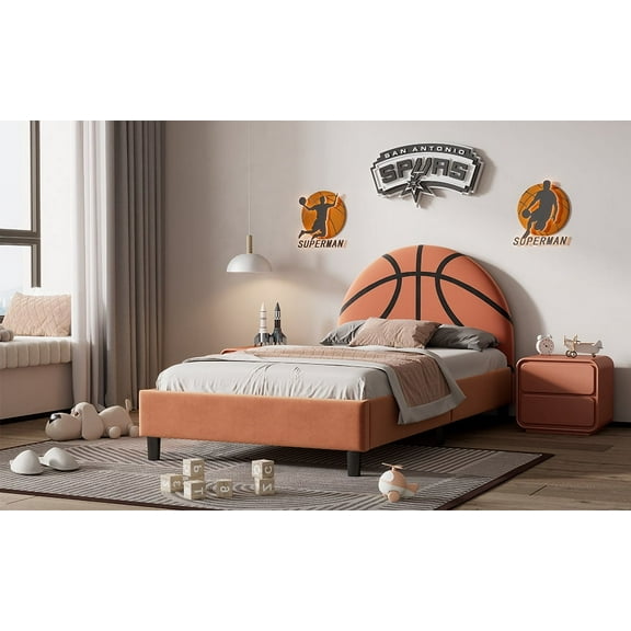 Twin Bed Frames,Upholstered Twin Platform Bed with Basketball Design,Sport Style Bed for Boys & Girls, Teens,Orange