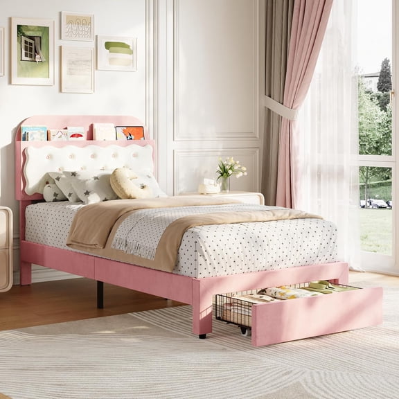 Twin Bed Frames, Velvet Upholstered Platform Bed with Biscuit Tufted Storage Headboard, Drawer, Sturdy Wood Slats, No Box Spring Needed, Easy Assembly