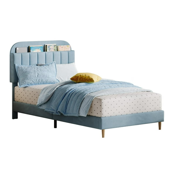 Twin Bed Frames, Velvet Upholstered Platform Bed Frames with Bookcase Headboard, Bed for Boys, Heavy Duty Steel Support Legs, Easy Assembly, Noise Free, Light Blue