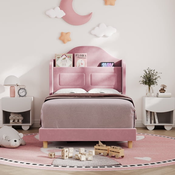Twin Bed Frames, Wingback Velvet Platform Bed with LED Lights, Upholstered Storage Headboard, Wooden Slats Support, No Box Spring Needed