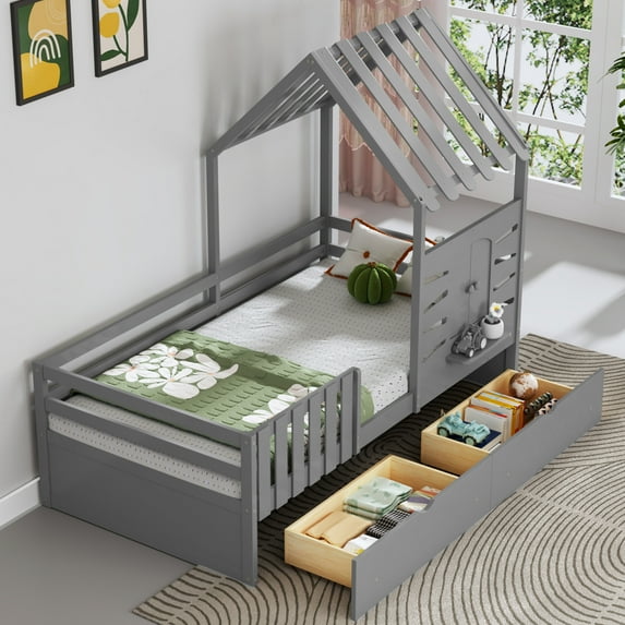 Twin Bed Frames, Wooden Twin Size House Bed with 2 Storage Drawers and Guardrails, Playhouse Bed With Roof and Window for Teens, Girls and Boys, No Box Spring Needed, Gray
