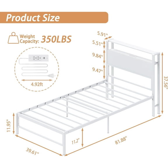Twin Bed Frames with Charging Station, 2 Tiers Storage Headboard Twin Sized Bed No Box Spring Needed Heavy Duty Metal Platform, White