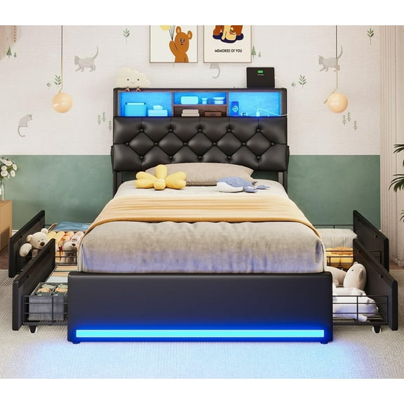Twin Bed Frames with Drawers,Upholstered Storage Headboard,LED Bed Frame Twin with Charging Station,Black PU