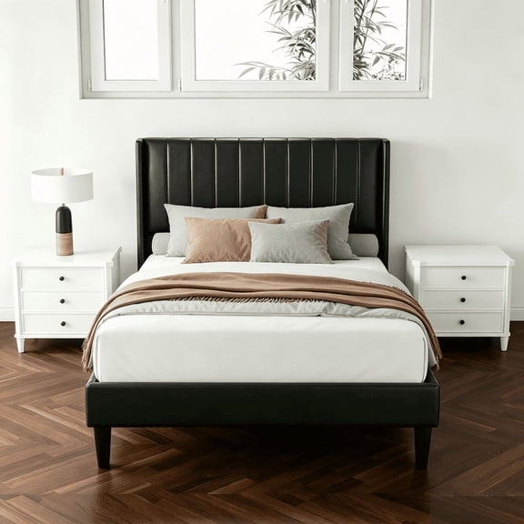 Twin Bed Frames with Headboard, PU Leather Upholstered Platform Bed with Wood Slats 500 lbs Support , Noise Free, No Box Spring Needed, Black