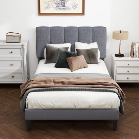 Twin Bed Frames with Headboard, Upholstered Platform Bed with Wood Slats 800 lbs Support , Noise Free, No Box Spring Needed, Gray