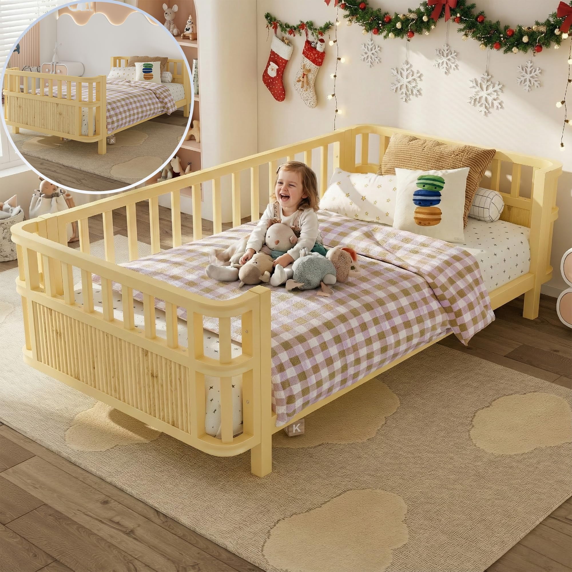 Twin Bed Frames with Rails, Iron Montessori Bed with Slats Support, Low ...
