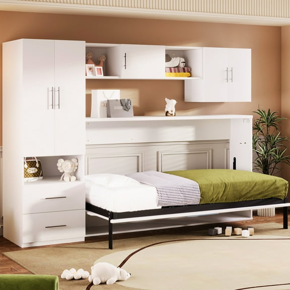 Twin Bed In White With Storage Options - Open Shelves, Drawers, Built-in Wardrobe And Table Space Saving Functional Desk