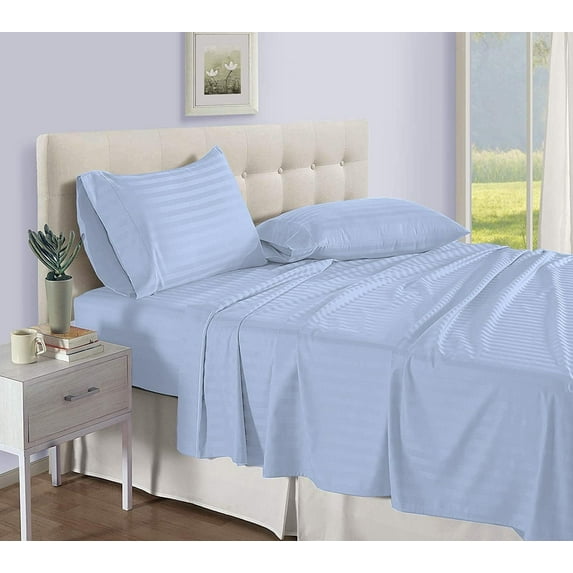 Twin Bed Sheet Set - Luxury Bedding 500 Thread Count Pure Egyptian Cotton 4 Piece Sheet Set Twin Size Fit Up 15" Inch to 18" Inch Deep Pocket, Light Blue Stripe Color