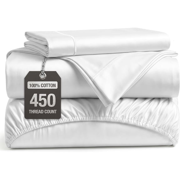 Twin Bed Sheets 450 Thread Count Long-Staple Combed Cotton Sateen White 15 Inch Deep Pocket