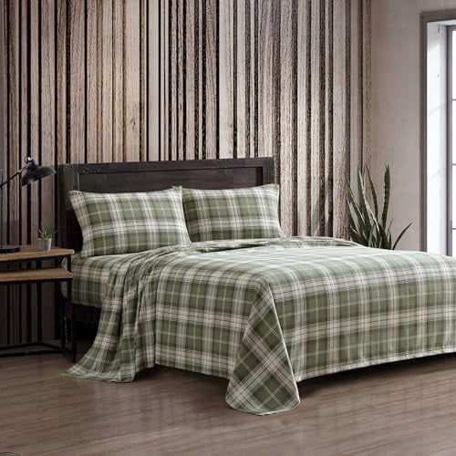 - Twin Bed Sheets, Cotton Flannel Bedding Set with Matching Pillowcase, Brushed for Extra Softness, Deep Pocket, Oeko-Tex Certified (Heartland Plaid Green)