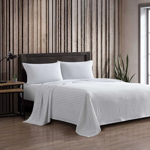 - Twin Bed Sheets, Cotton Flannel Bedding Set with Matching Pillowcase, Brushed for Extra Softness, Deep Pocket, Oeko-Tex Certified (Ticking Stripe Grey)