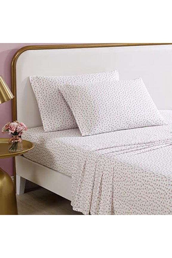 - Twin Bed Sheets, Cotton Percale Bedding Set with Matching Pillowcase, Crisp & Cool, Lightweight & Breathable, Dorm Essentials (Baby Buds Pink)