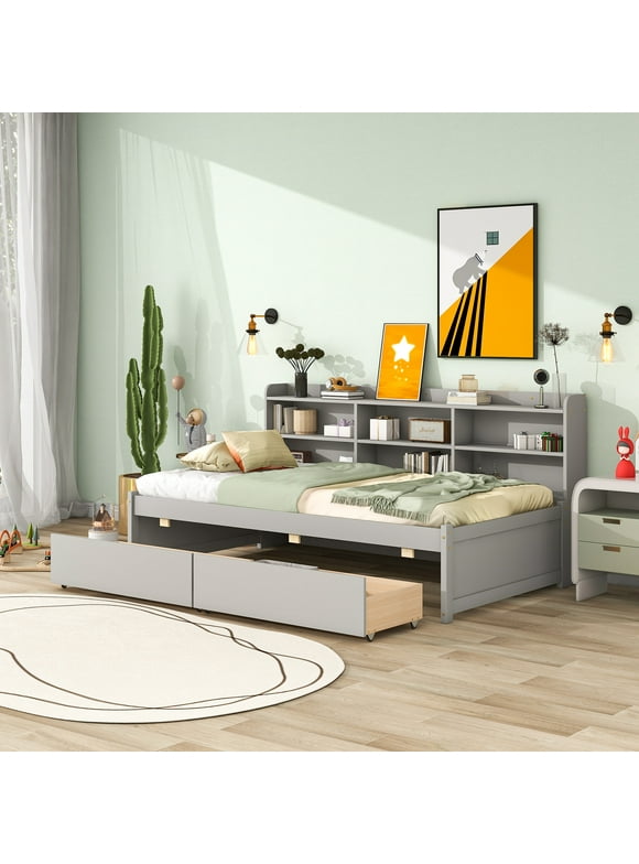 Twin Bed with Storage Bookcase and Drawers Wood Platform Bed with Headboard and Sideboard Twin Size Daybed Frame for Youths Teens Boys Girls Kids, Gray