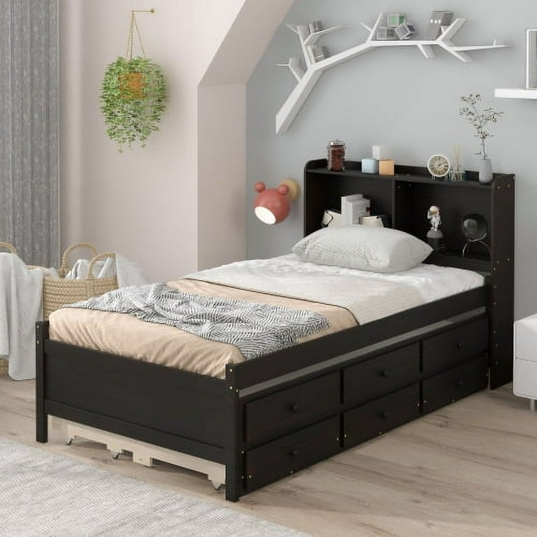 Twin Bed with Storage Drawers and Trundle Wooden Twin Size Platform Bed with Bookcase Headboard Twin Storage Bed and Trundle Bed Captains Bed Frame